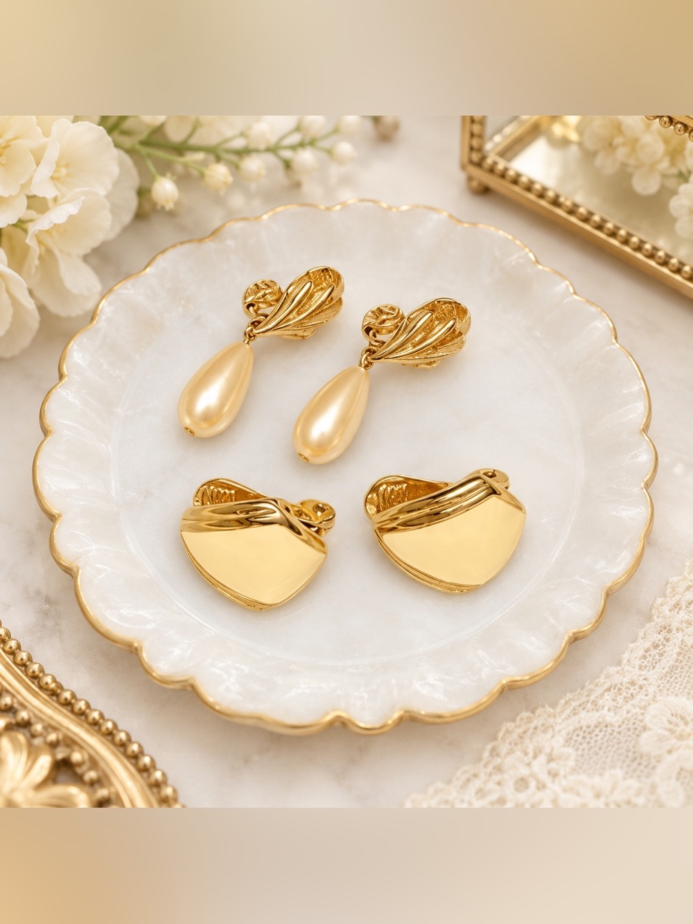 Monet Earrings Clip On 2 Pairs Gold Tone & Cream Drop Faux Pearls Vintage